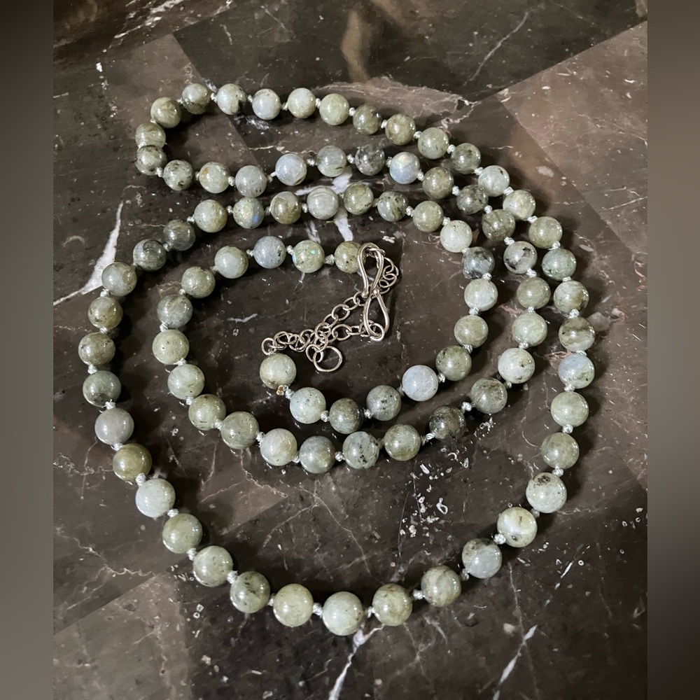Green Labradorite beaded necklace with 925 silver chain closure. 36 1/2” long